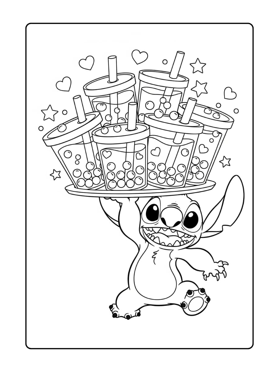 Stitch draagt een dienblad vol kleurrijke boba-theekopjes met een feestelijke sfeer.