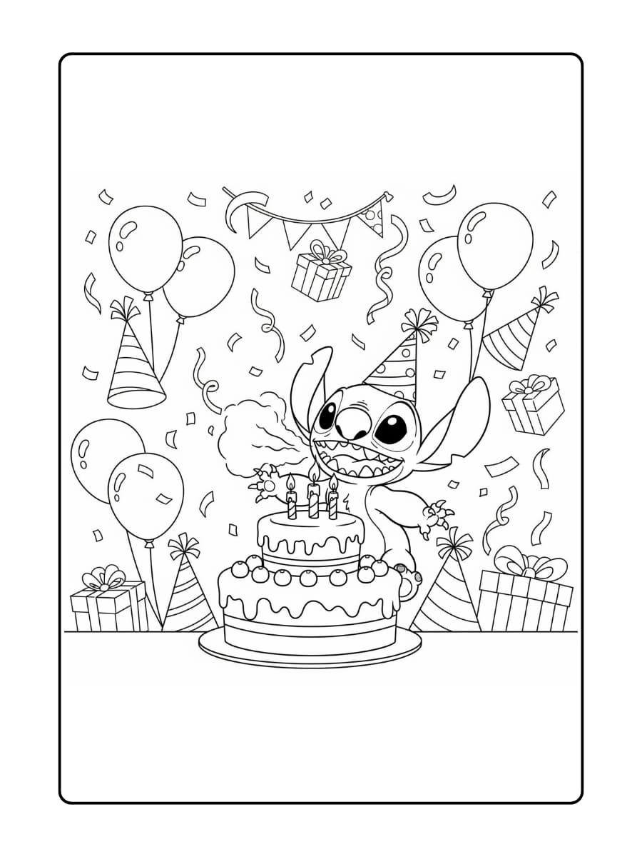 Stitch draagt een feestmuts en blaast met een grote glimlach de kaarsjes uit op een grote verjaardagstaart.