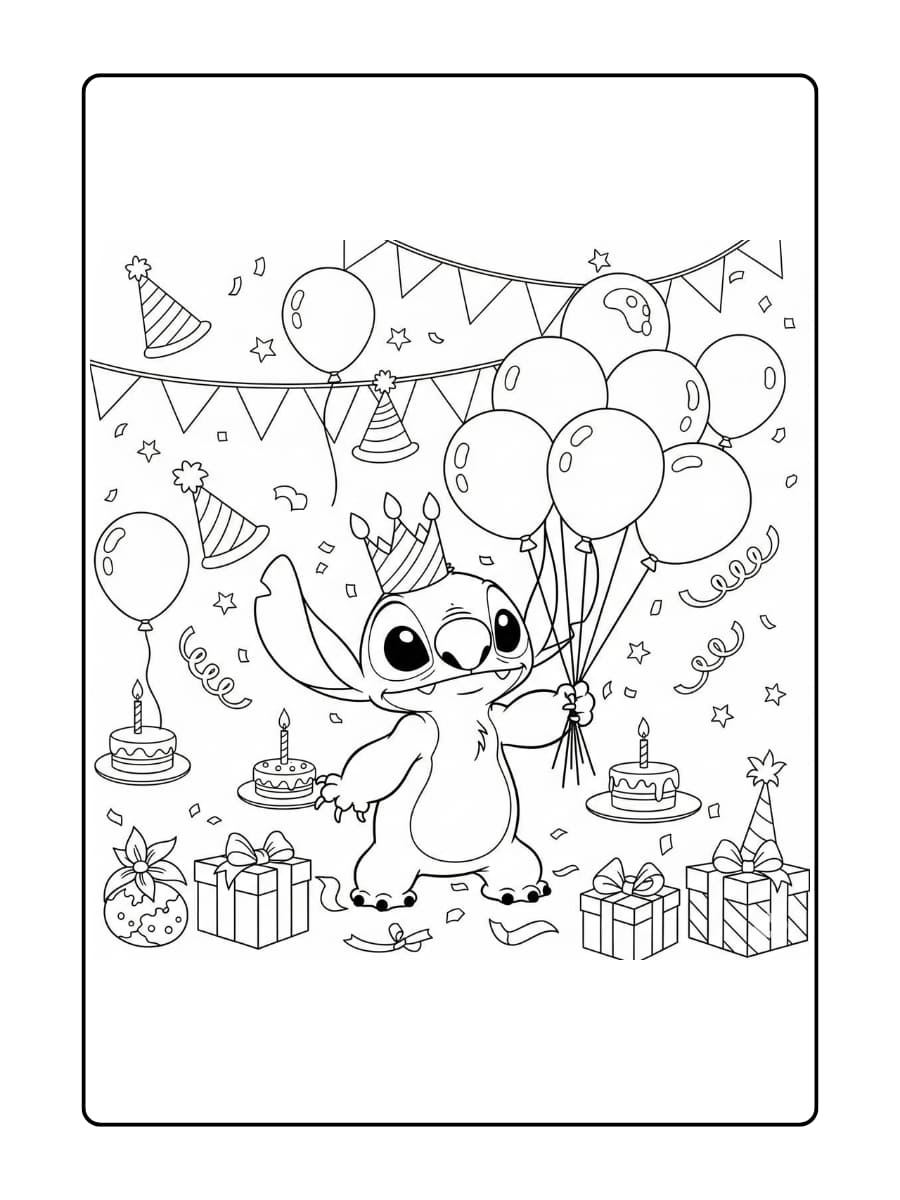 Stitch draagt een verjaardagskroon en houdt een groot boeket ballonnen vast.