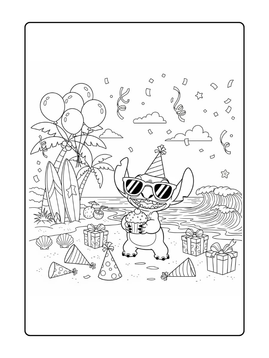 Stitch draagt een zonnebril en feestmuts terwijl hij een cupcake vasthoudt op het strand