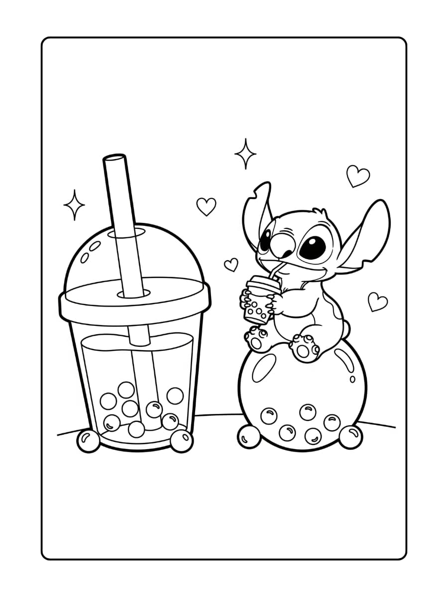 Stitch drinkt boba-thee terwijl hij op een gigantische tapiocaparel zit.