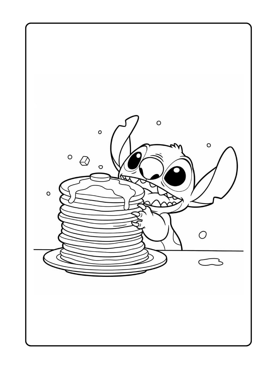 Stitch eet vrolijk van een hoge stapel pannenkoeken met stroop.