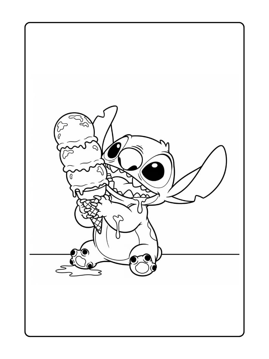 Stitch eet blij een grote ijshoorn met drie kleurrijke bolletjes ijs.