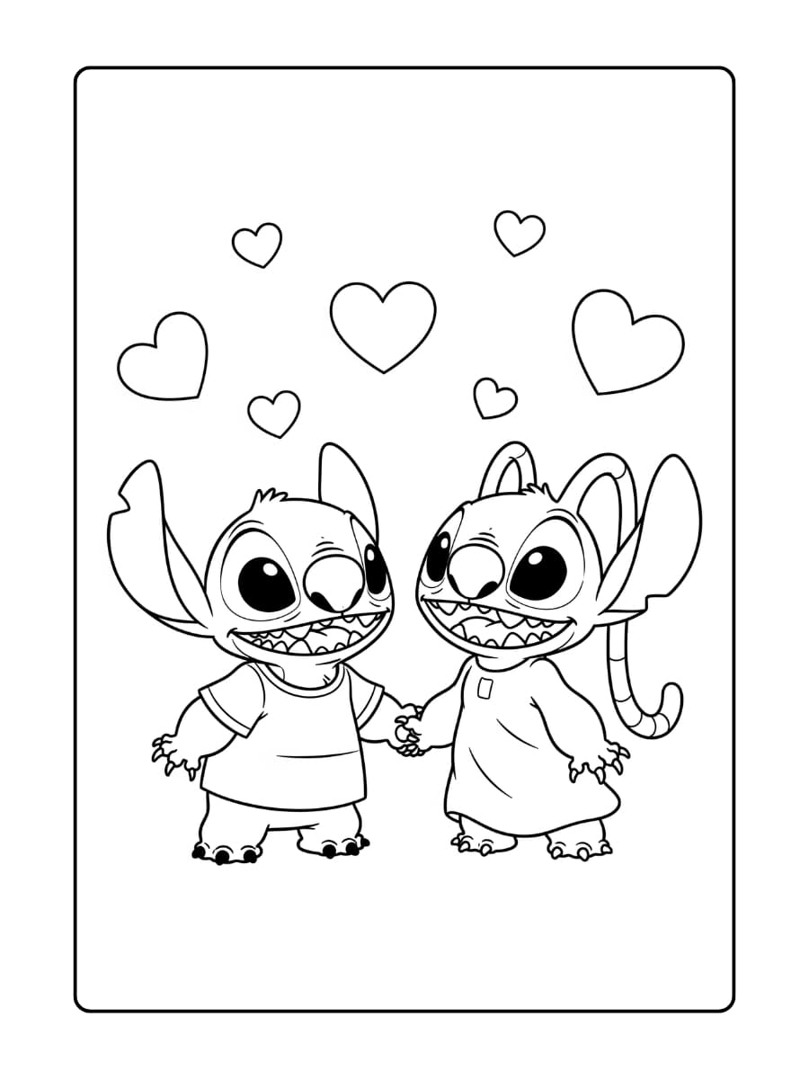 Stitch en Angel houden elkaars hand vast, omringd door zwevende harten.