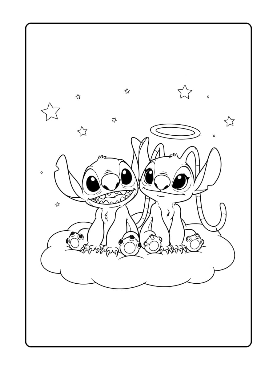 Stitch en Angel zitten gezellig samen op een zachte, pluizige wolk.