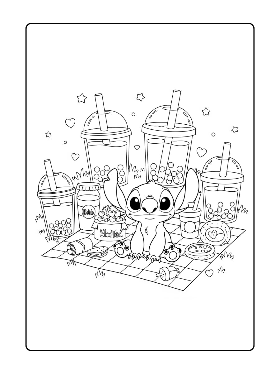 Stitch en Angel zitten samen op een picknickkleed, omringd door boba-theekopjes en snacks.