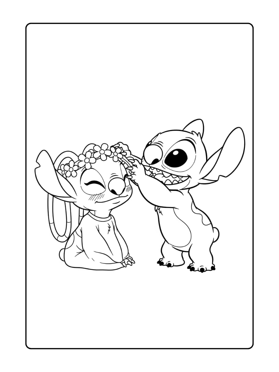 Stitch legt liefdevol een bloemenkroon op het hoofd van blozende Angel.