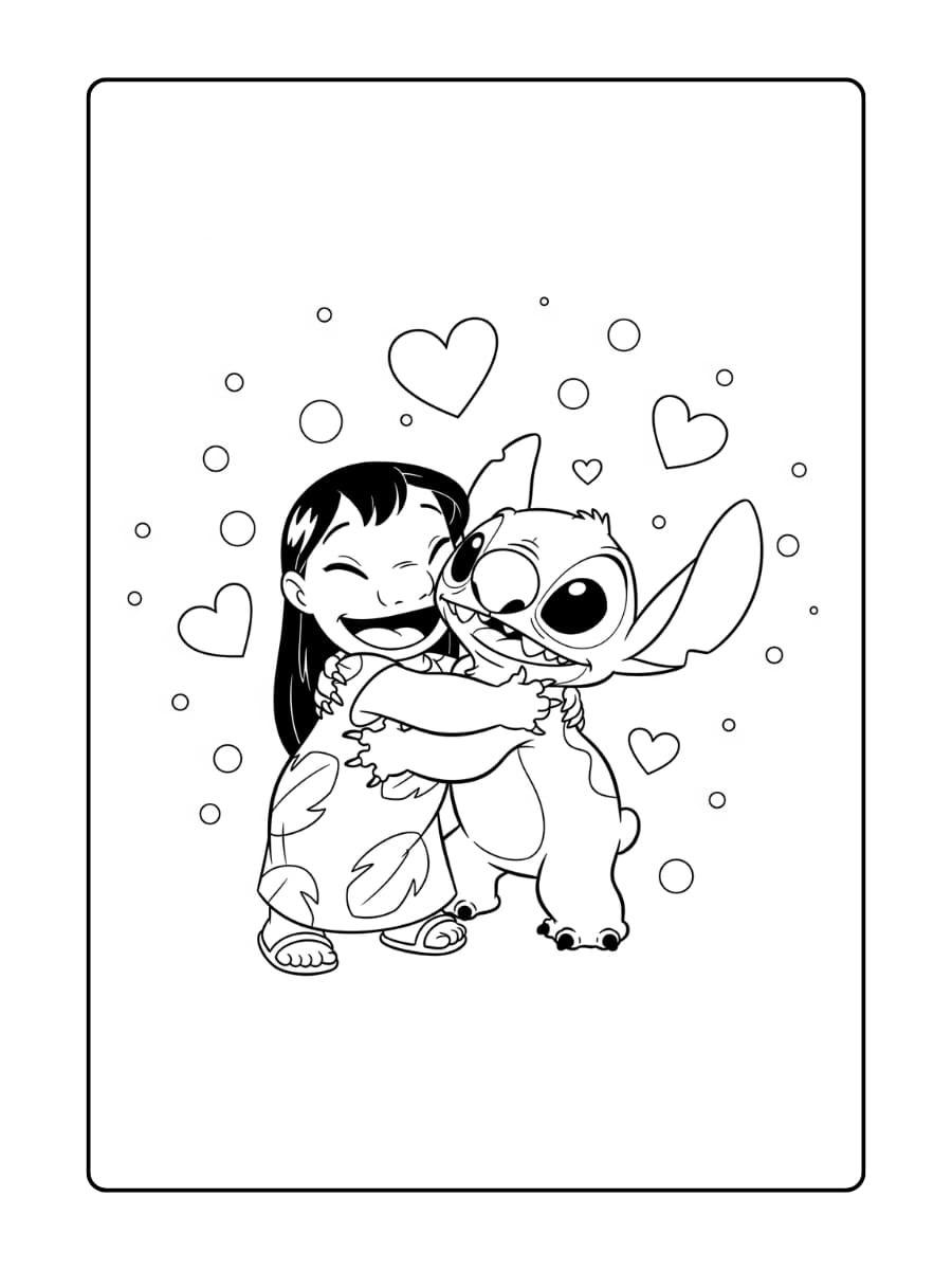 Stitch omhelst Lilo stevig met een grote glimlach van geluk.