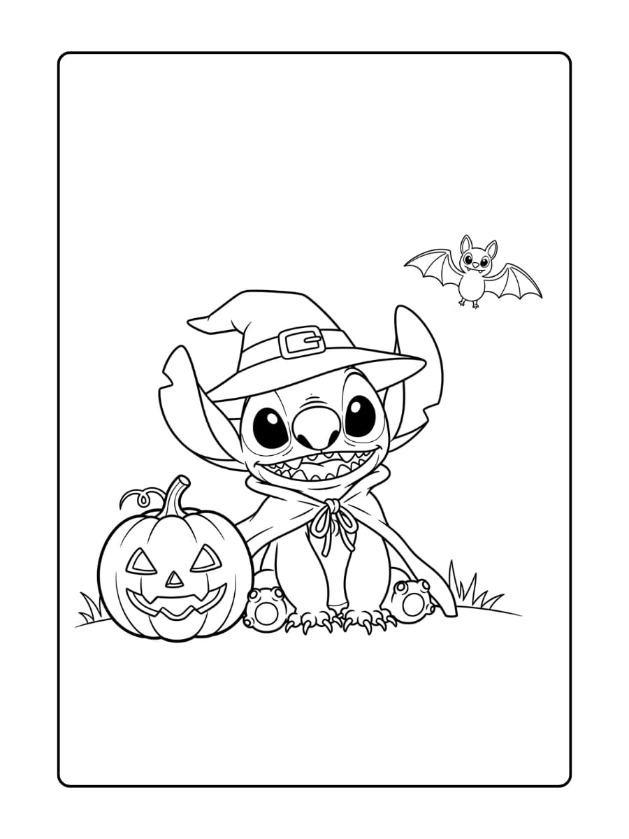 Stitch draagt een grote heksenhoed en een cape, klaar voor Halloween.