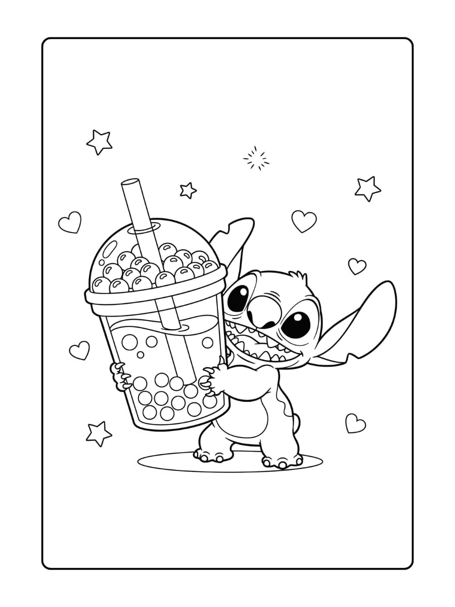 Stitch houdt een gigantische kop boba-thee vast met een grote glimlach.