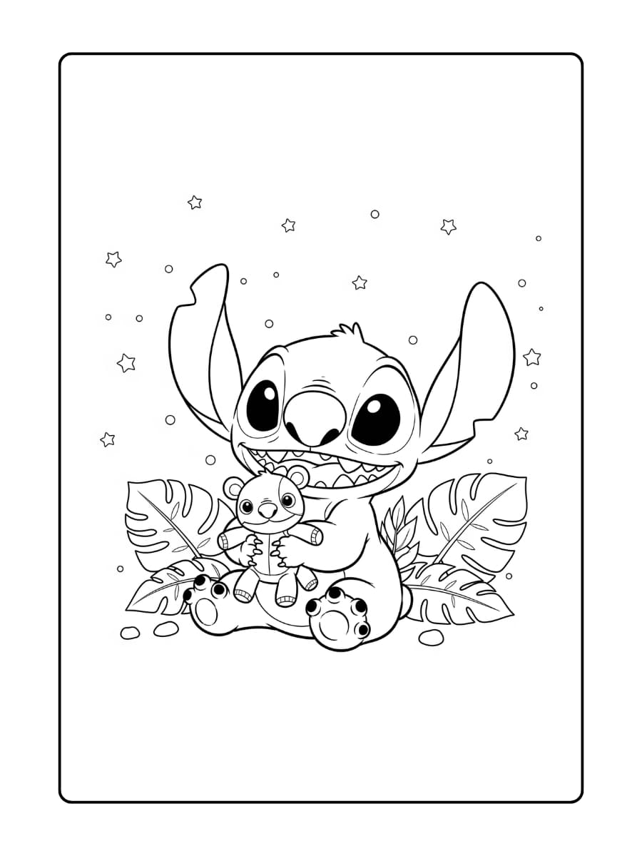 Stitch knuffelt lief een knuffel terwijl hij omringd is door tropische bladeren en kleine sterretjes.