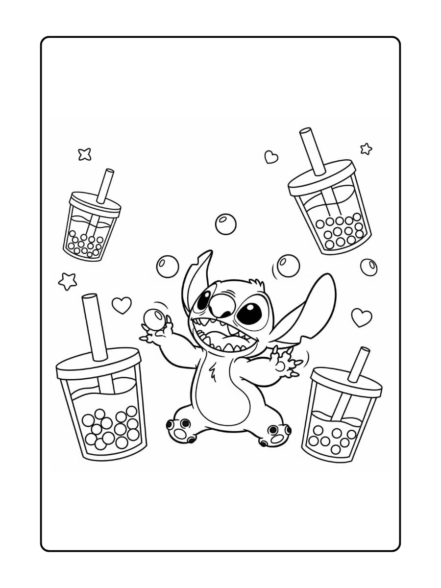 Stitch jongleert speels en enthousiast met boba-parels in de lucht.