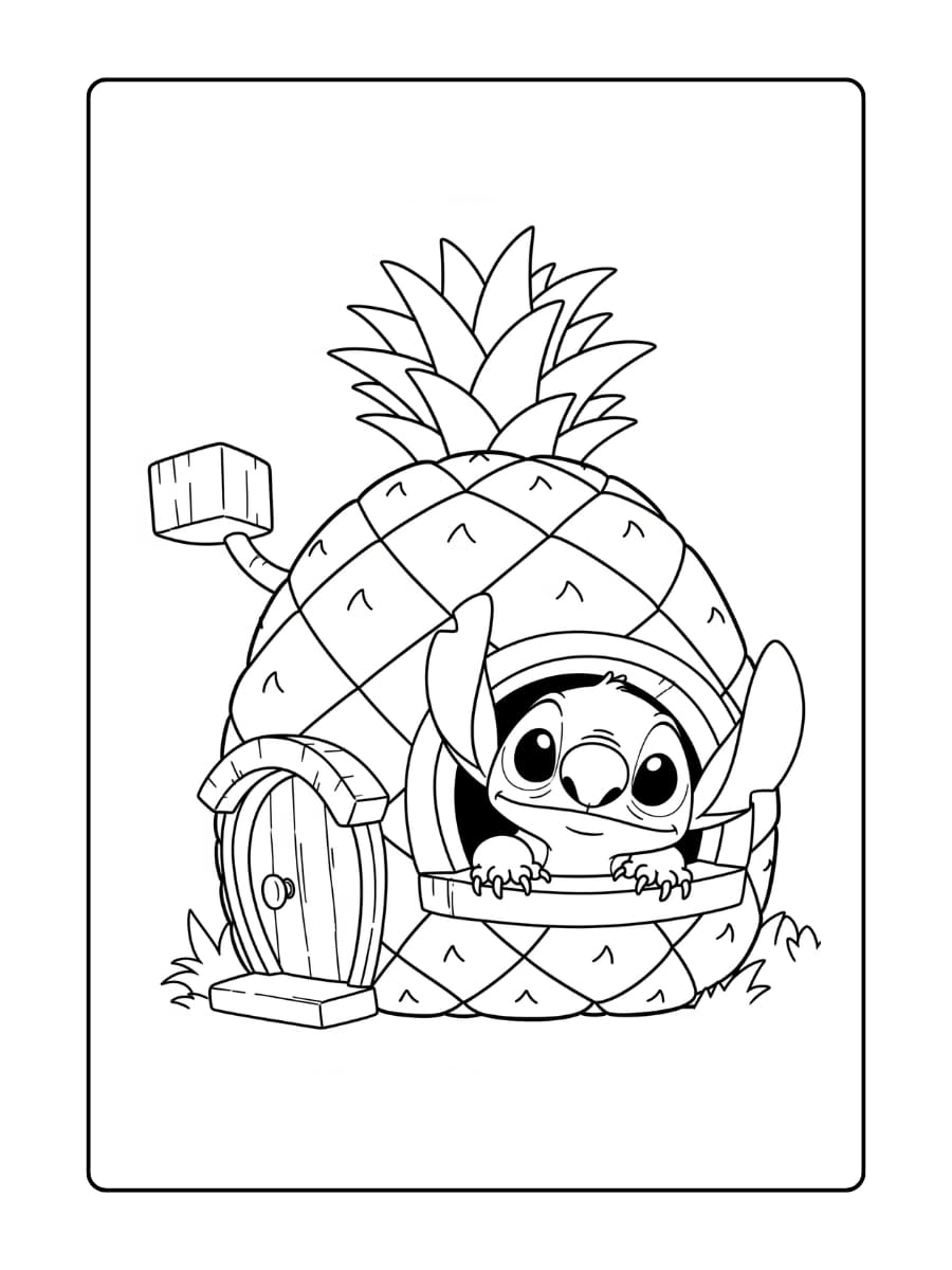 Stitch kijkt vrolijk uit het raam van een groot ananashuis omringd door tropische planten.