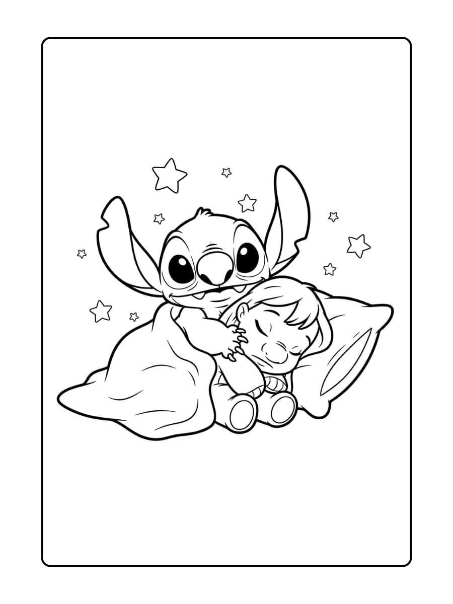 Stitch omarmt zachtjes een slaperige Lilo die bijna in slaap valt.