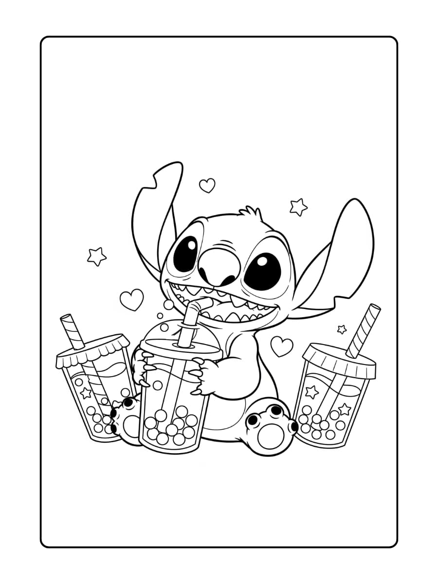 Stitch nipt van een boba-thee met een schattig rietje en grote, blije ogen.