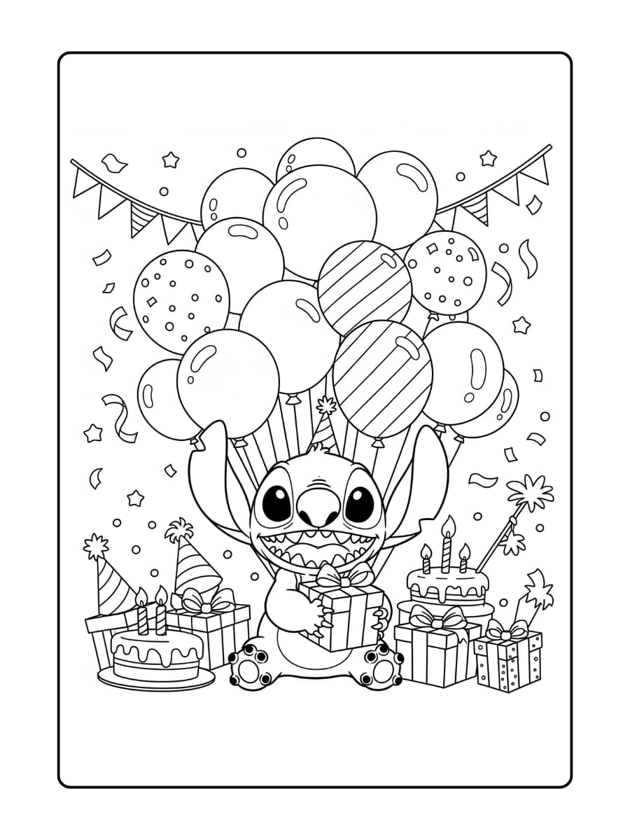 Stitch zit vrolijk tussen ballonnen en houdt een feestelijk ingepakt verjaardagscadeau vast