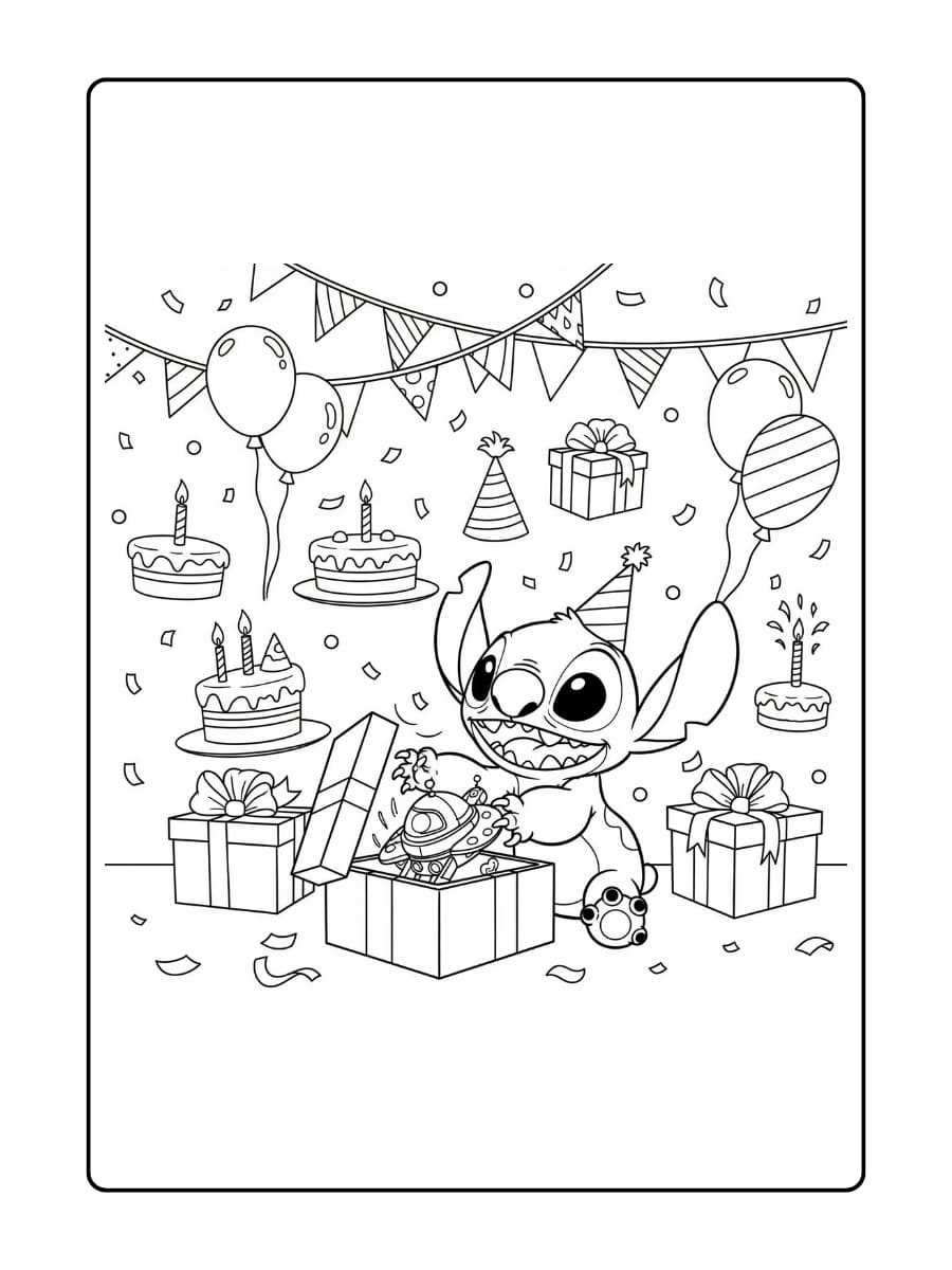 Stitch opent een cadeau en ontdekt een speelgoedruimteschip met een verraste glimlach