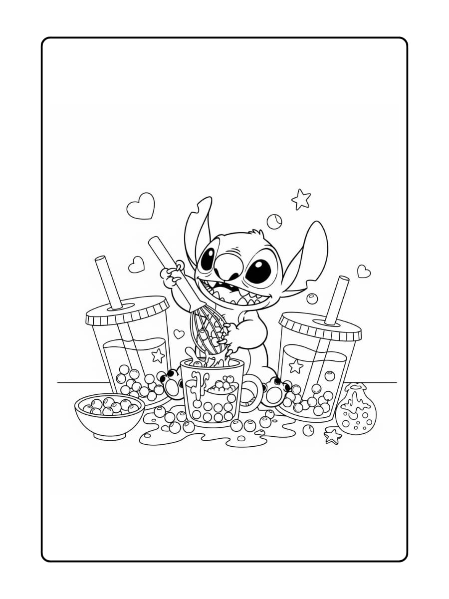 Stitch probeert schattig de perfecte boba-thee te maken door verschillende ingrediënten te mengen.