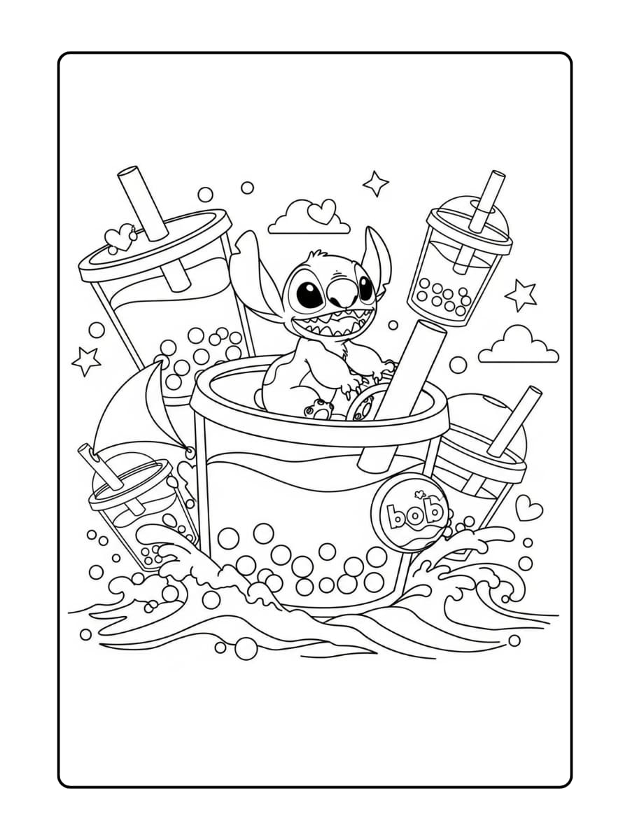 Stitch vaart vrolijk in een enorme boba-theekop over een golvende zee van melkthee, met tapiocaballetjes om hem heen.