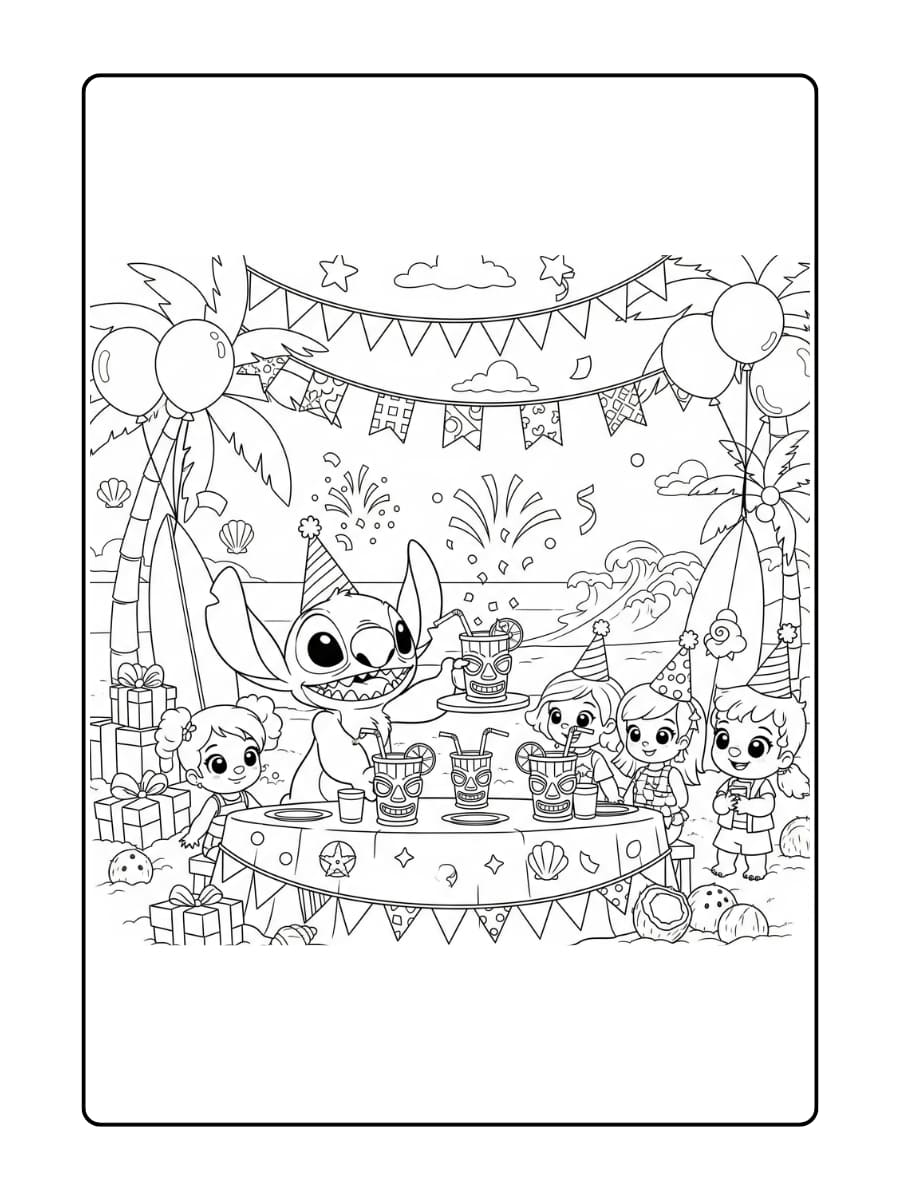 Stitch schenkt fruitpunch in tiki-bekers op een vrolijke strandfeesttafel