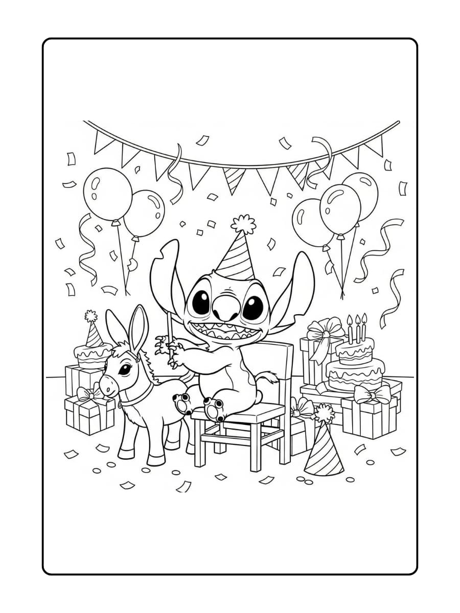 Stitch speelt vrolijke feestspelletjes zoals staartjeprik en stoelendans met zijn vrienden