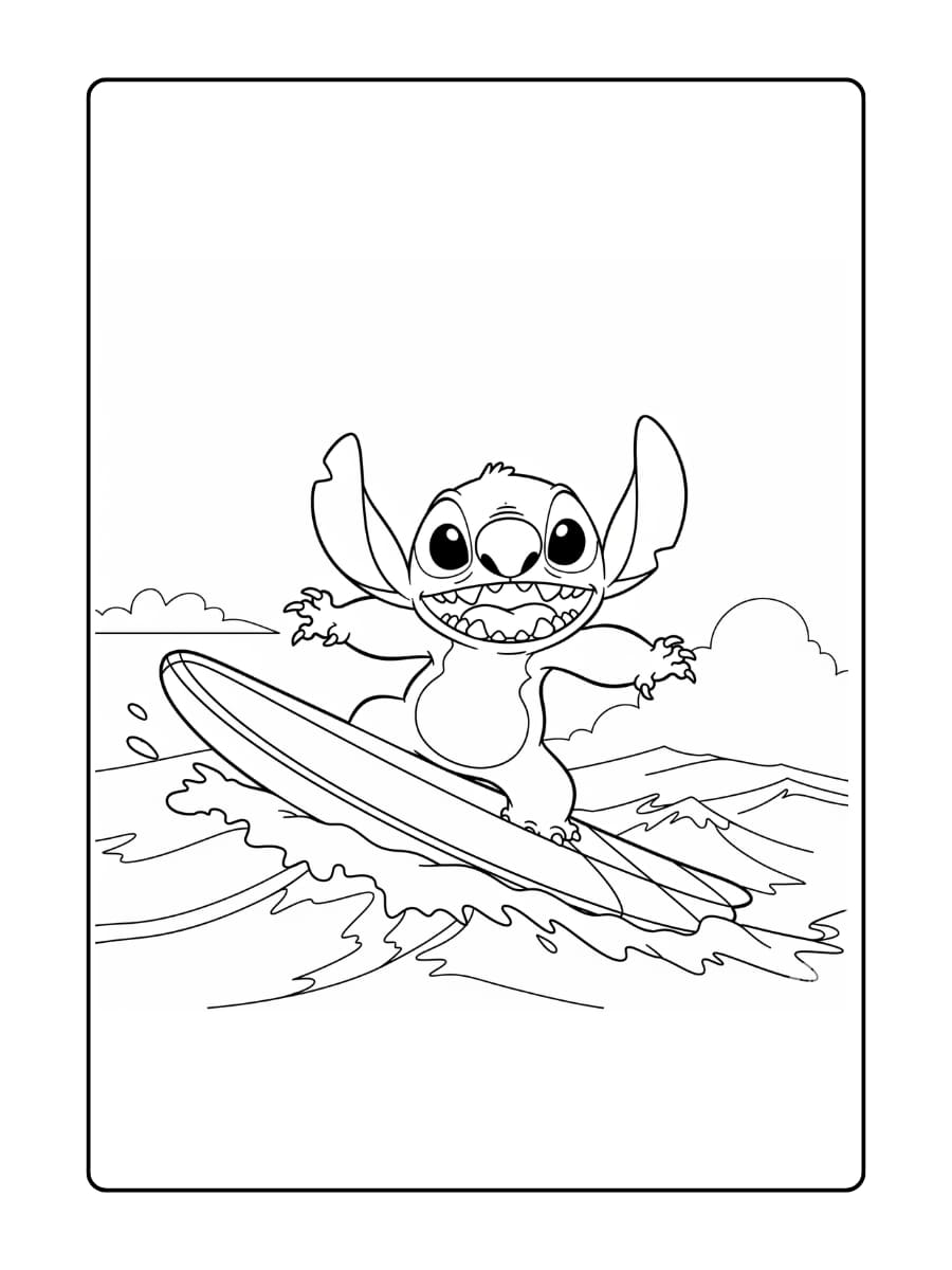 Stitch surft met een brede, vrolijke grijns terwijl hij over de golven glijdt.
