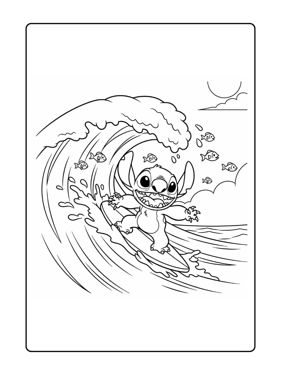Stitch surft enthousiast op een grote, schuimende golf in de zee.