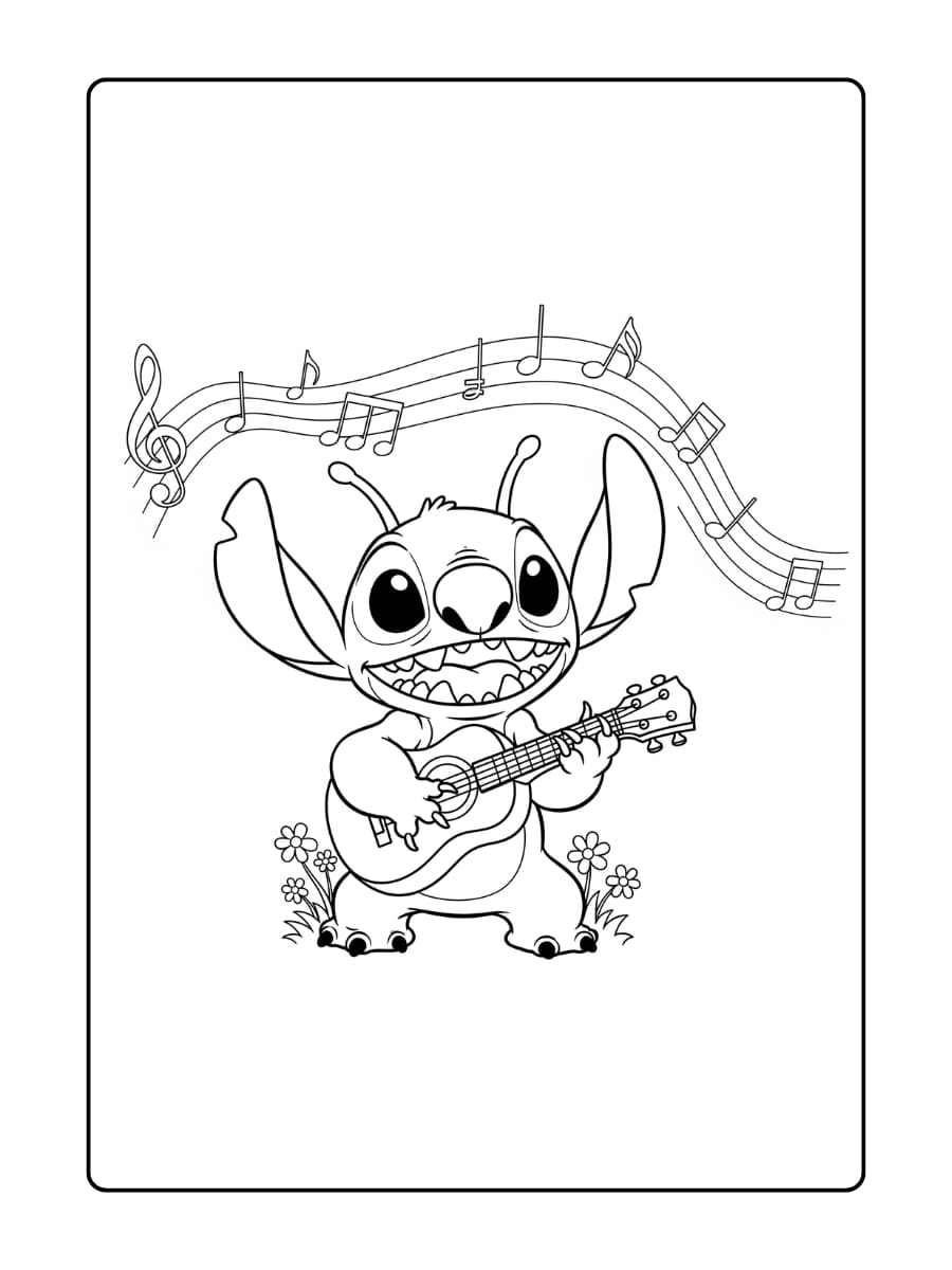 Stitch tokkelt vrolijk op een ukelele, met muzieknoten die rondzweven en kleine bloemen aan zijn voeten.