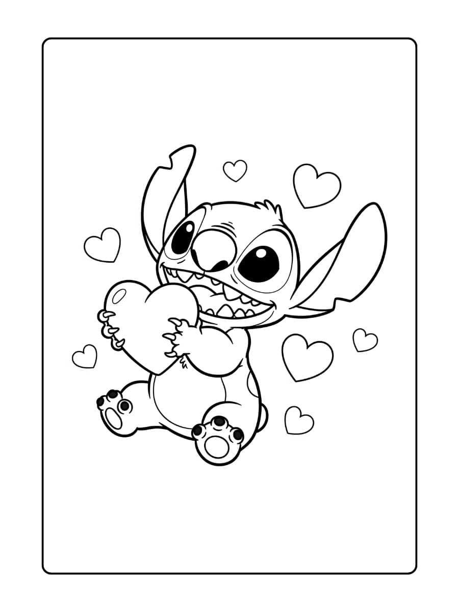 Stitch houdt een groot hartvormig symbool vast en kijkt liefdevol.