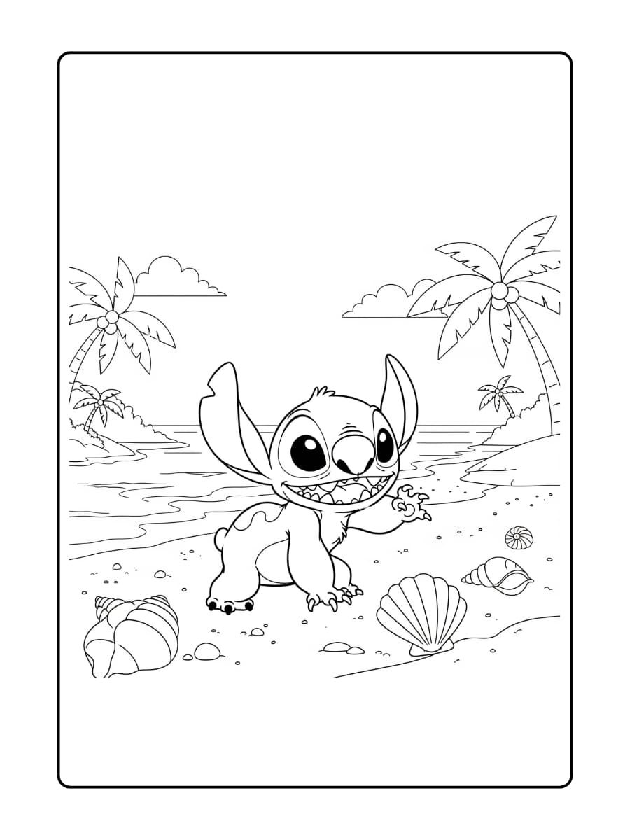 Stitch verkent vrolijk een strand, terwijl hij schelpen bekijkt en verzamelt.