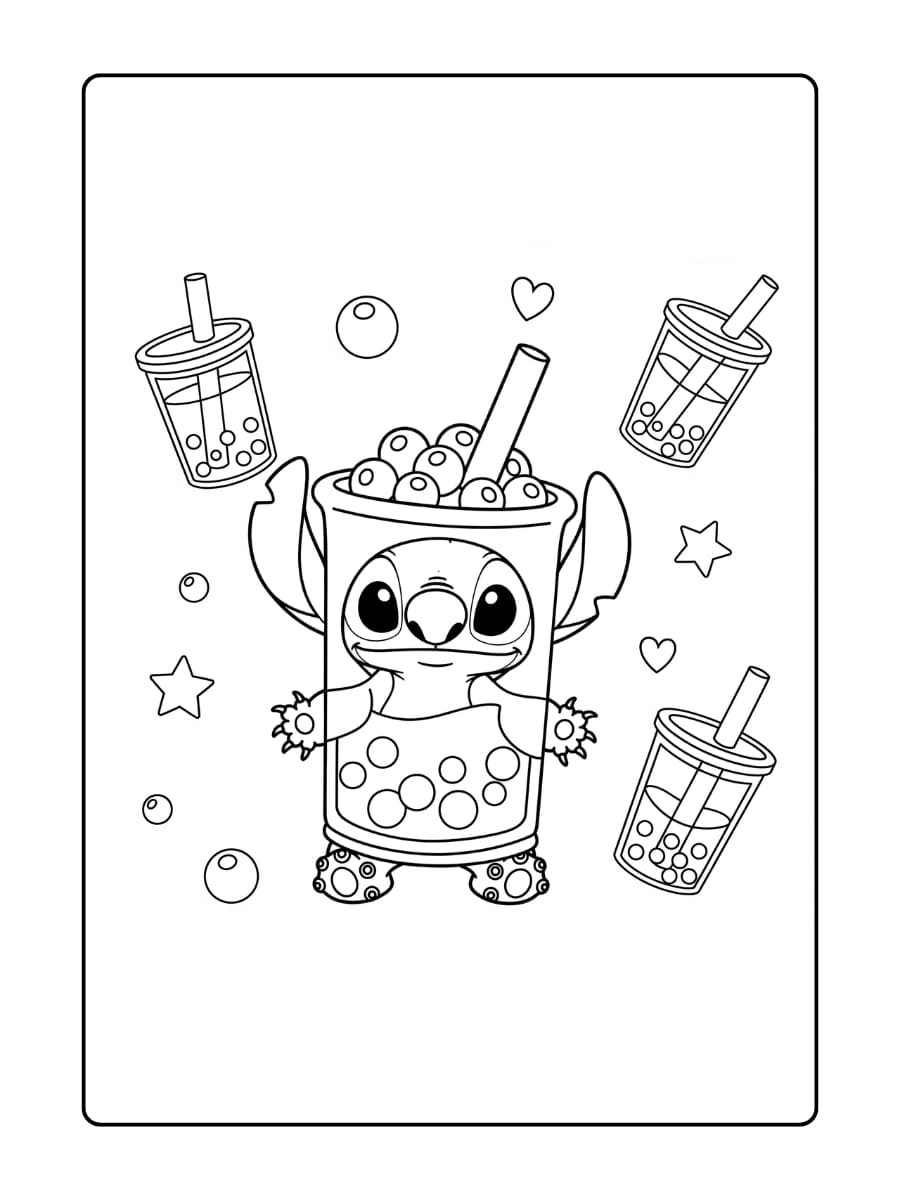 Stitch is verkleed als een grote boba-theekop met tapiocaballetjes onderaan en een rietje op zijn hoofd.