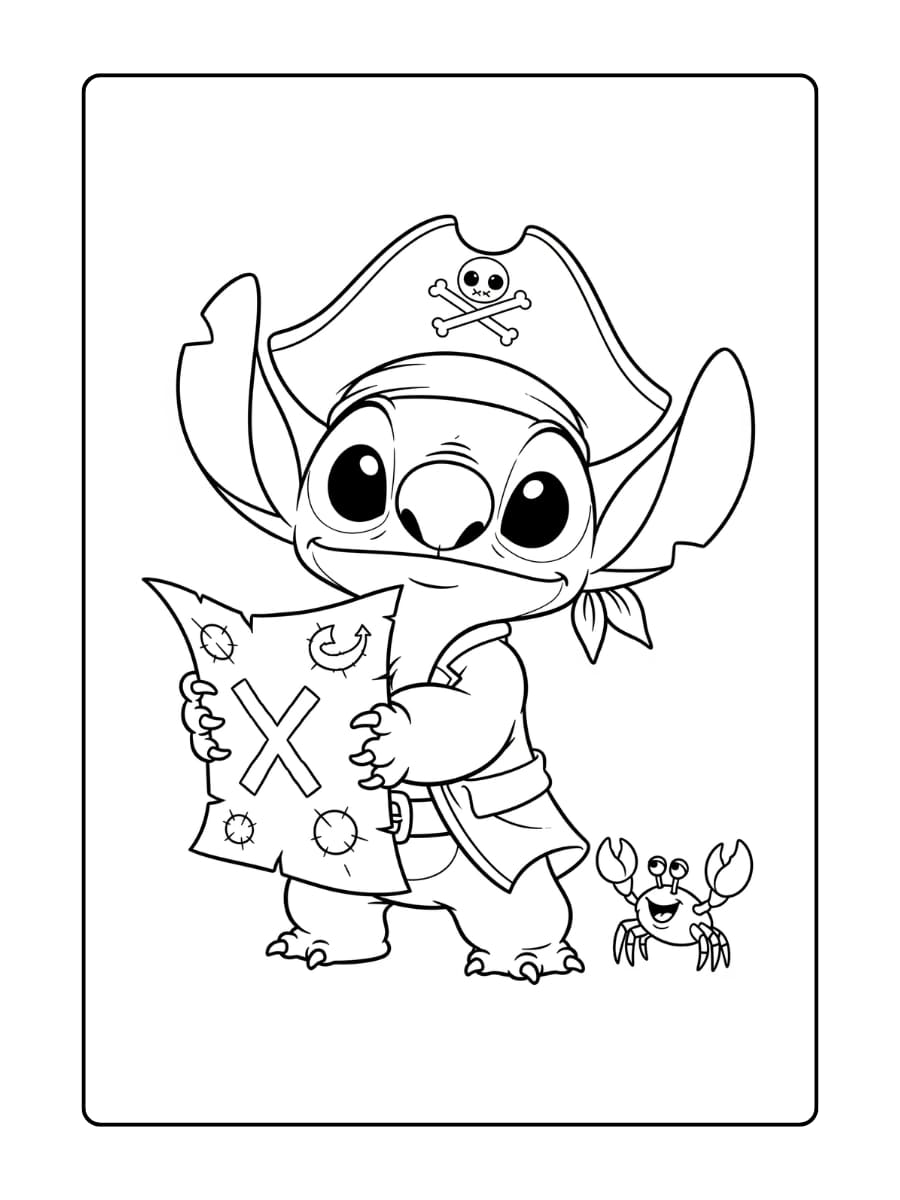 Stitch verkleed als piraat met ooglapje, piratenhoed en zwaard.
