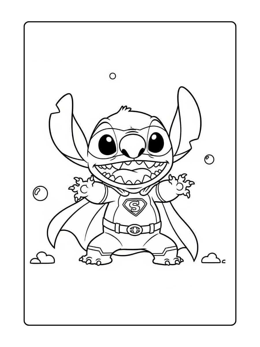 Stitch verkleed als superheld met een cape en masker, klaar om de wereld te redden.