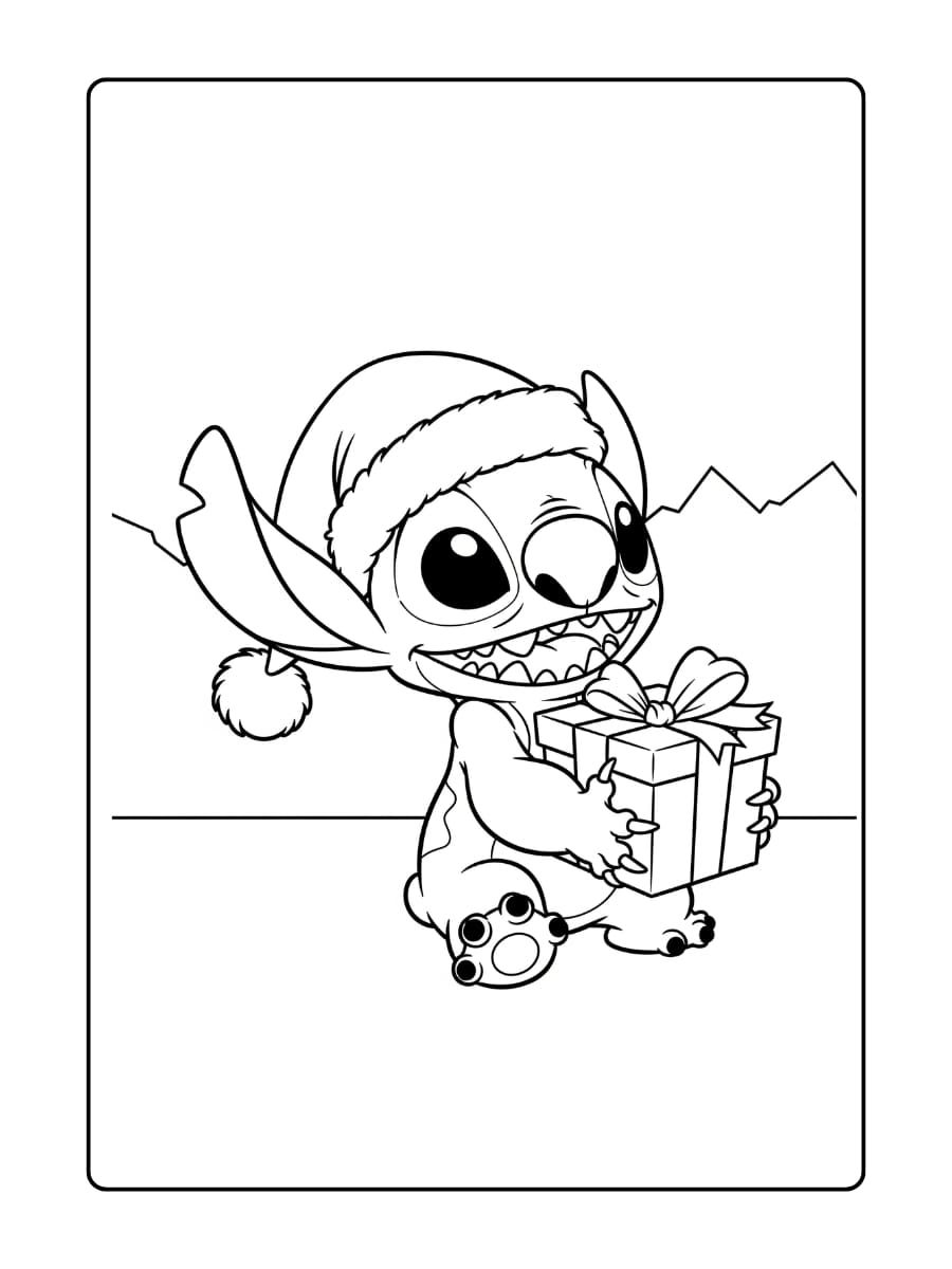Stitch viert Kerstmis met een kerstmuts op zijn hoofd en een vrolijke glimlach