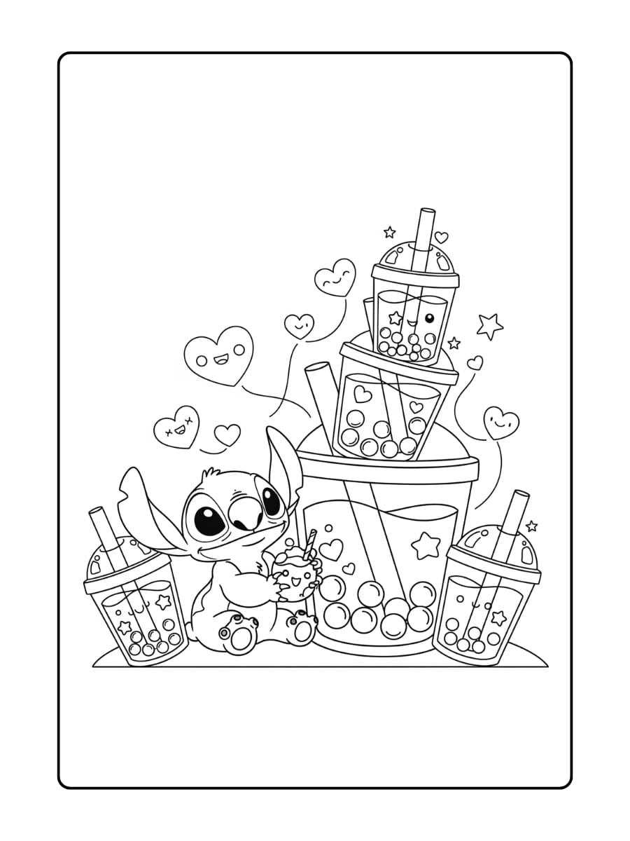 Stitch zit vrolijk naast een toren van boba-theekopjes met hartjes die in de bubbels zweven.