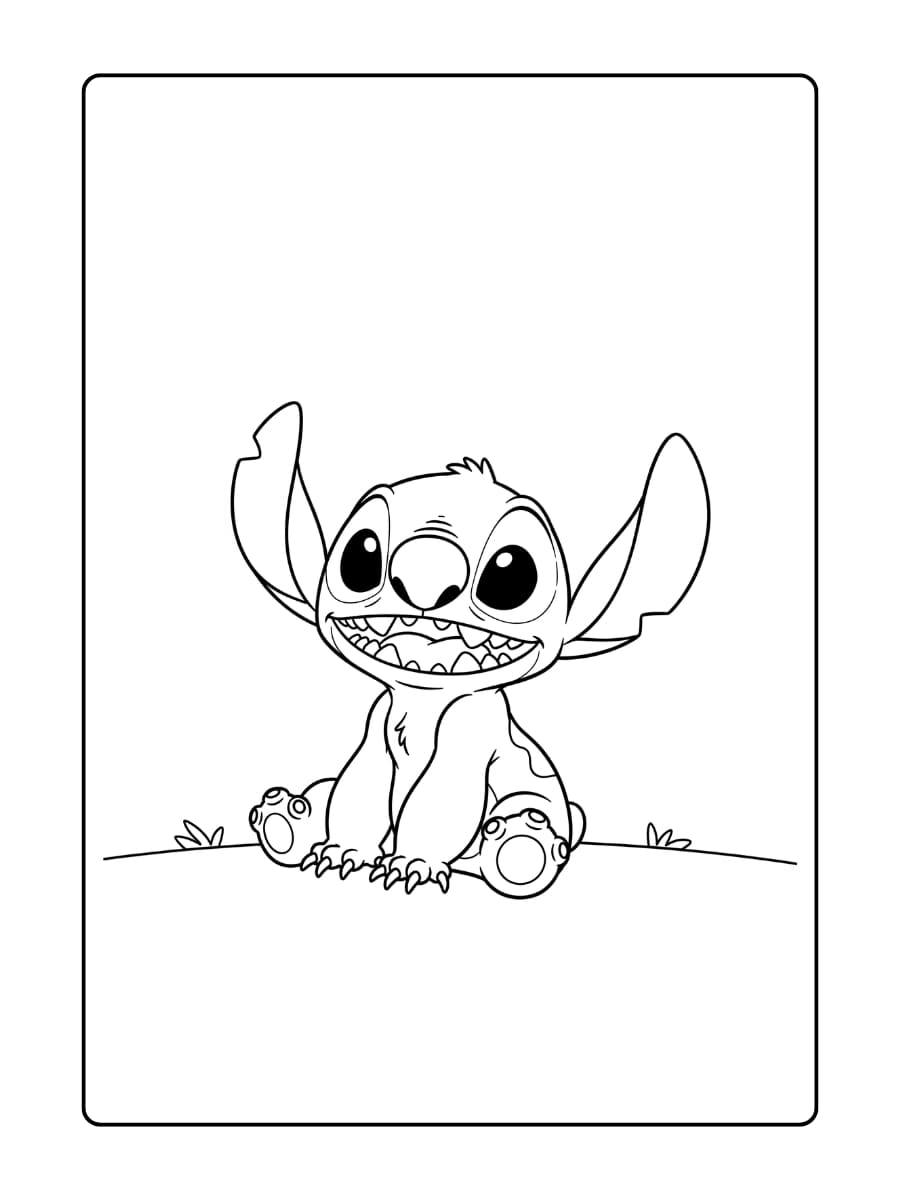 Stitch zit vol energie met zijn grote ogen wijd open en een brede glimlach op zijn gezicht.