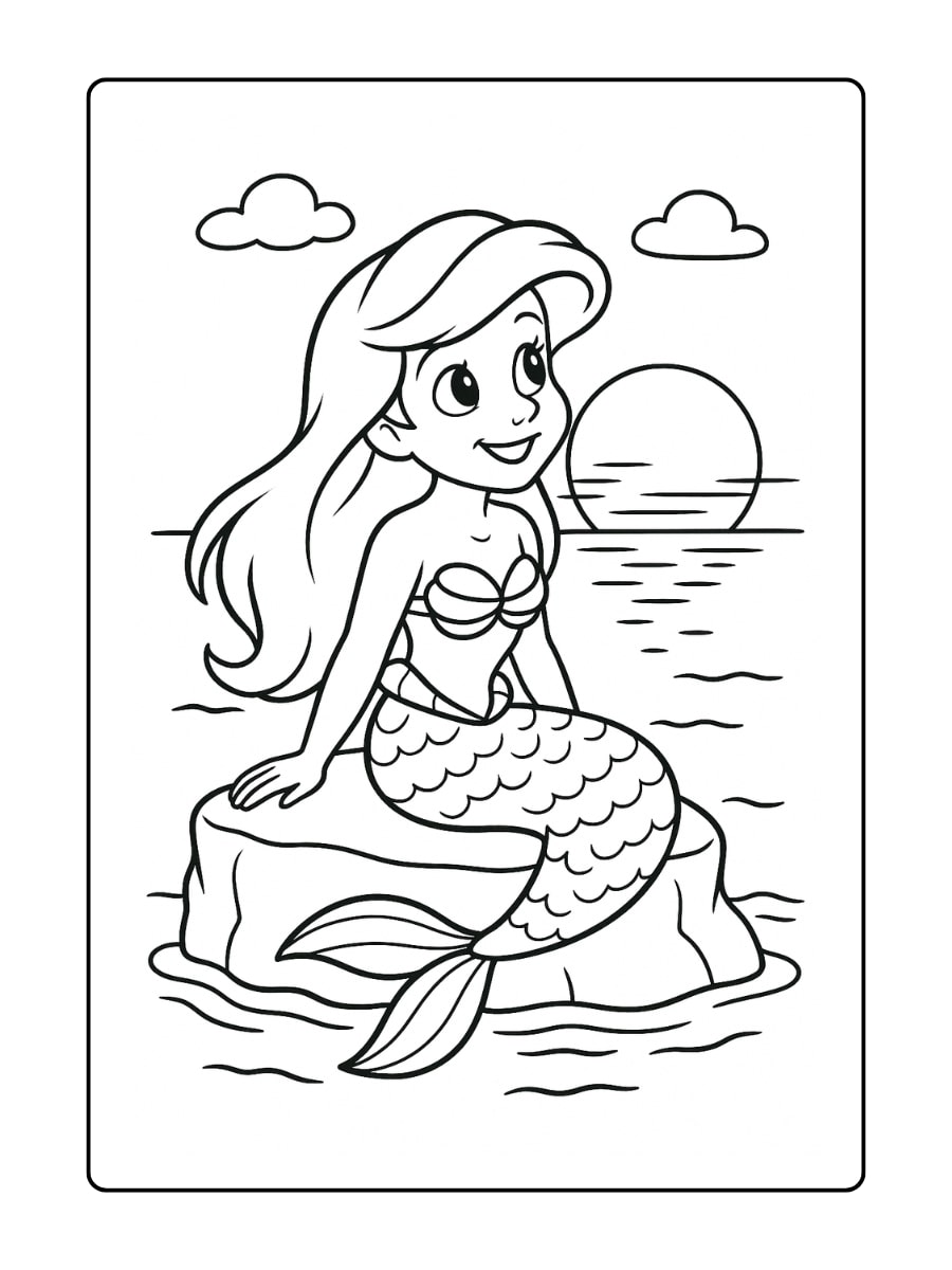 Baby Ariel zit op een rots en kijkt naar de zonsondergang boven de oceaan.