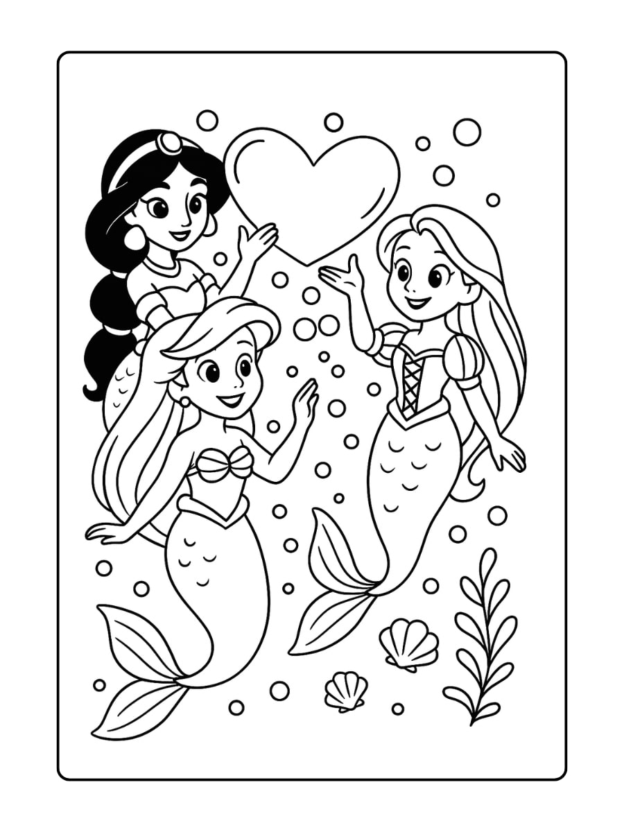 Verschillende Disney prinsessen als zeemeerminnen, elk met hun unieke stijl en staart, zwemmend in een magische onderwaterwereld.