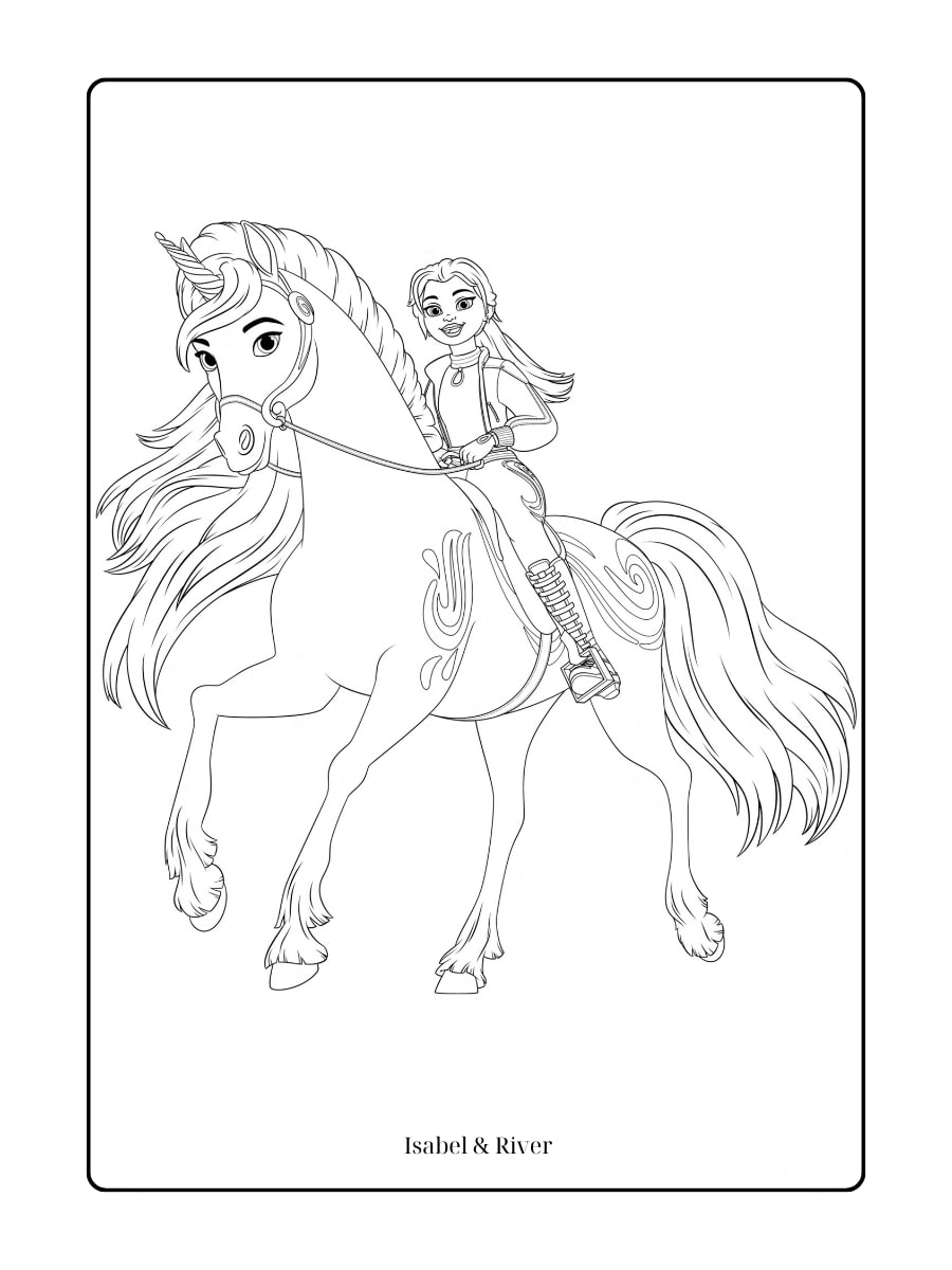 kleurplaat van Isabel en River – meisje op een eenhoorn in een elegante galop.