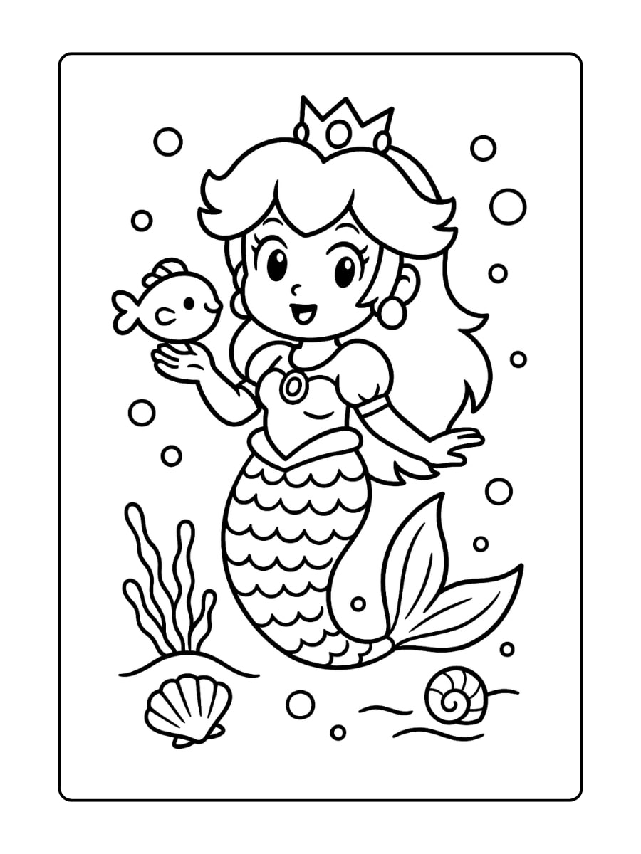 Prinses Peach als zeemeermin met kroon en lange golvende staart, zwemmend tussen bubbels en schelpen.