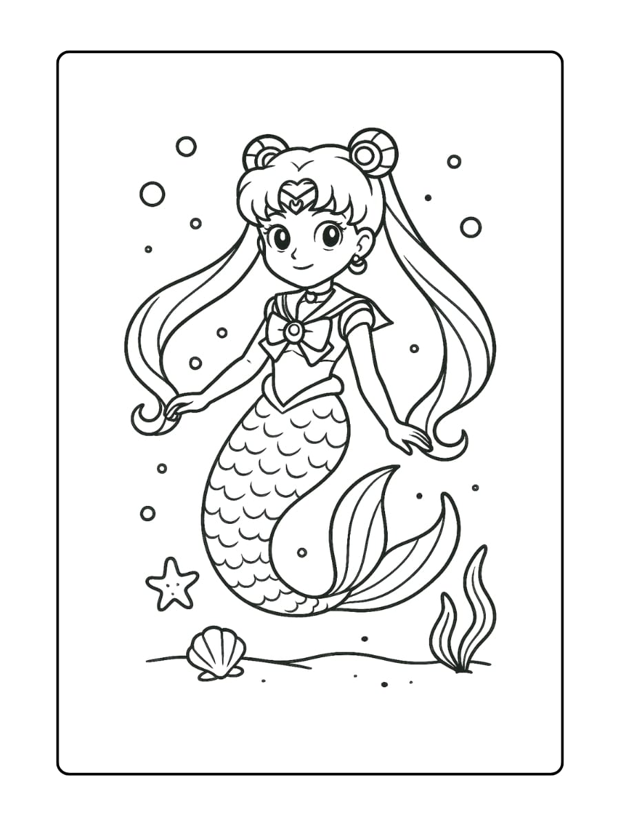 Sailor Moon als zeemeermin met lange vlechten en magische staf, zwemmend in een onderwaterwereld.