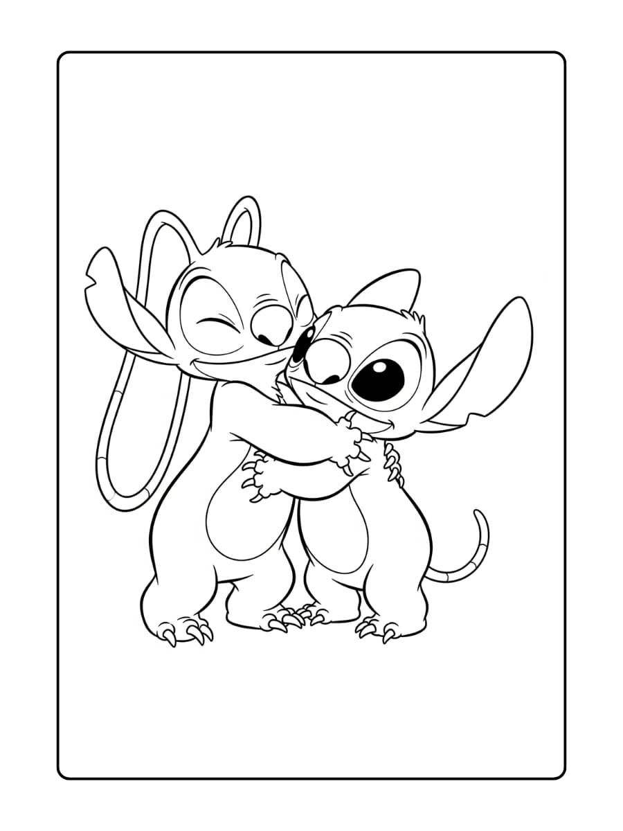 Kleurplaat van Angel en Stitch die elkaar liefdevol omhelzen.