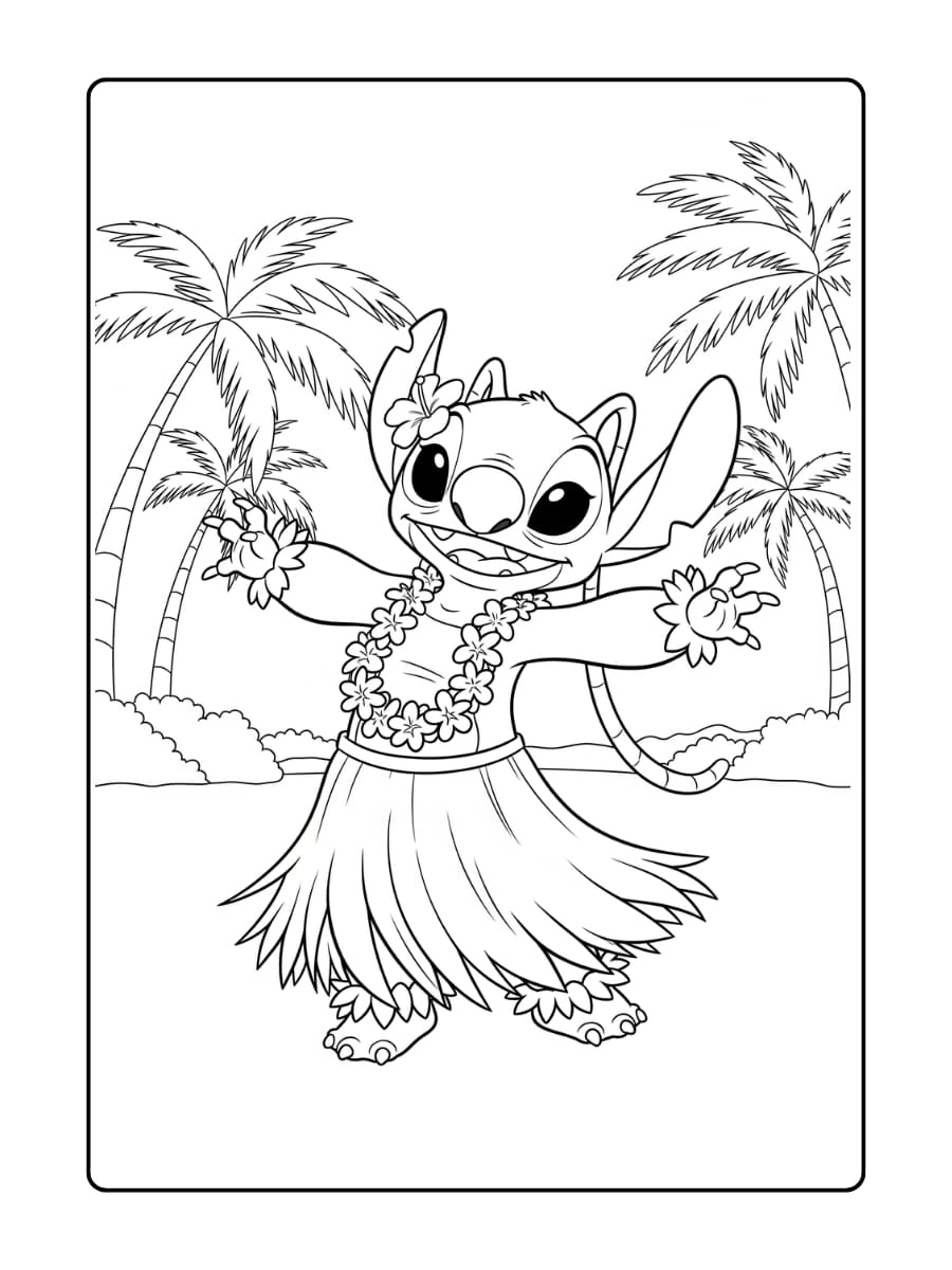 Kleurplaat van Angel (de roze alien uit Lilo & Stitch) die danst op het strand.