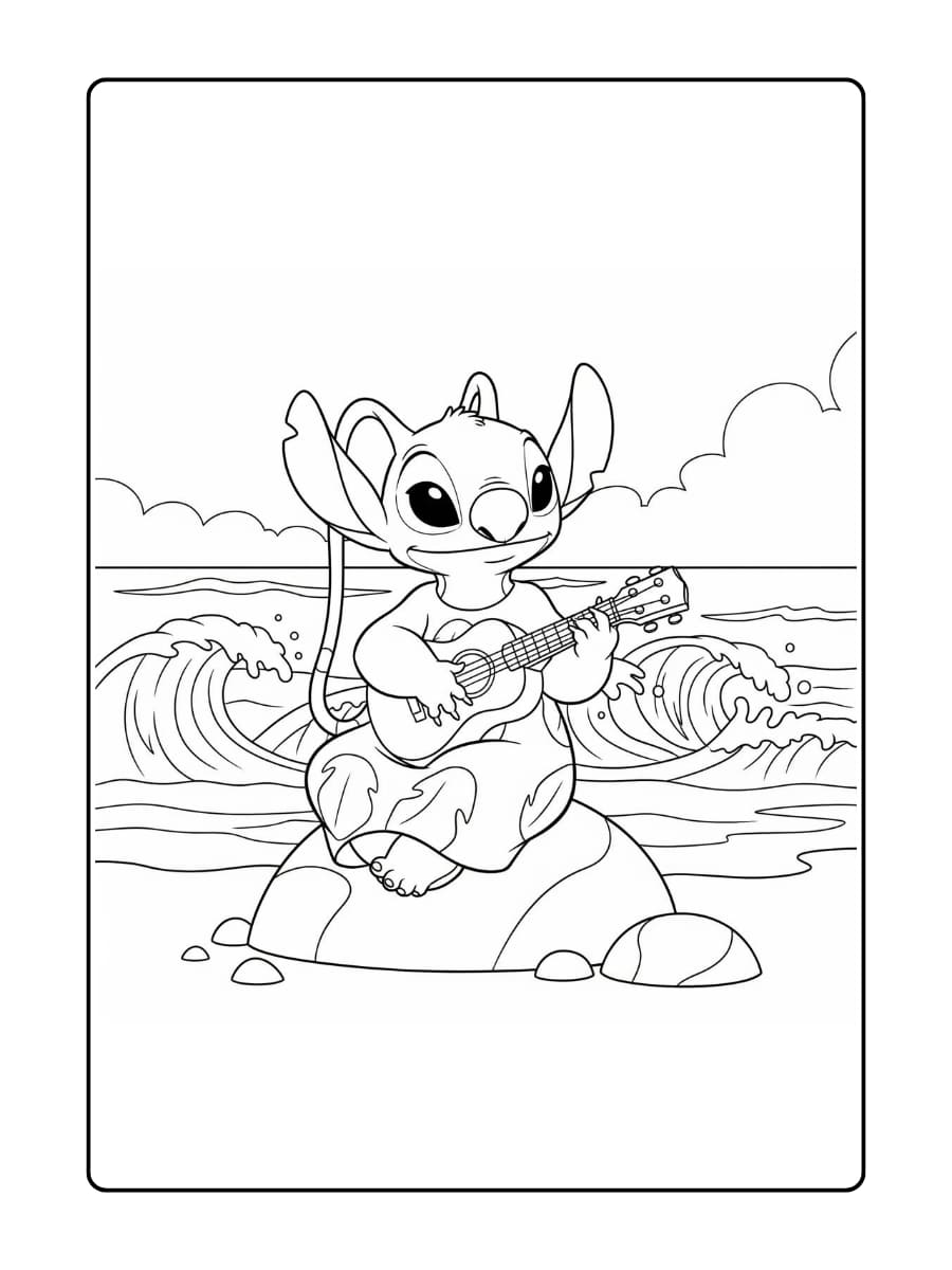 Kleurplaat van Angel die ukelele speelt terwijl ze op een strandrots zit, met oceaangolven op de achtergrond.