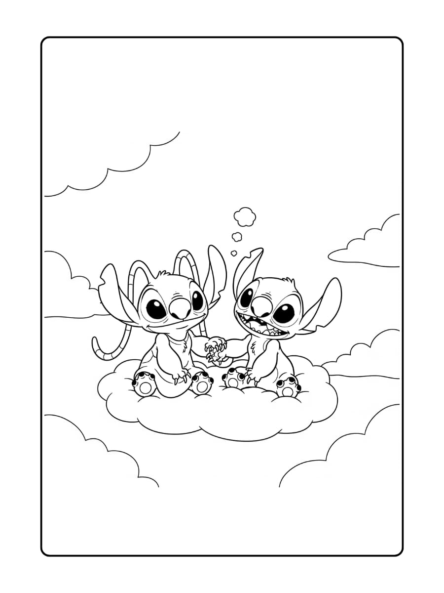 Kleurplaat van Angel en Stitch die samen op een zachte wolk zitten, omringd door sterren en kleine hartjes.