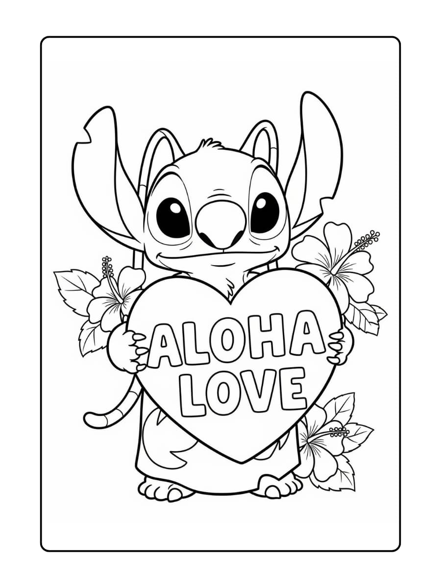 Kleurplaat van Angel die een Valentijnshart vasthoudt met de tekst ‘Aloha Love’, omringd door bloemen.
