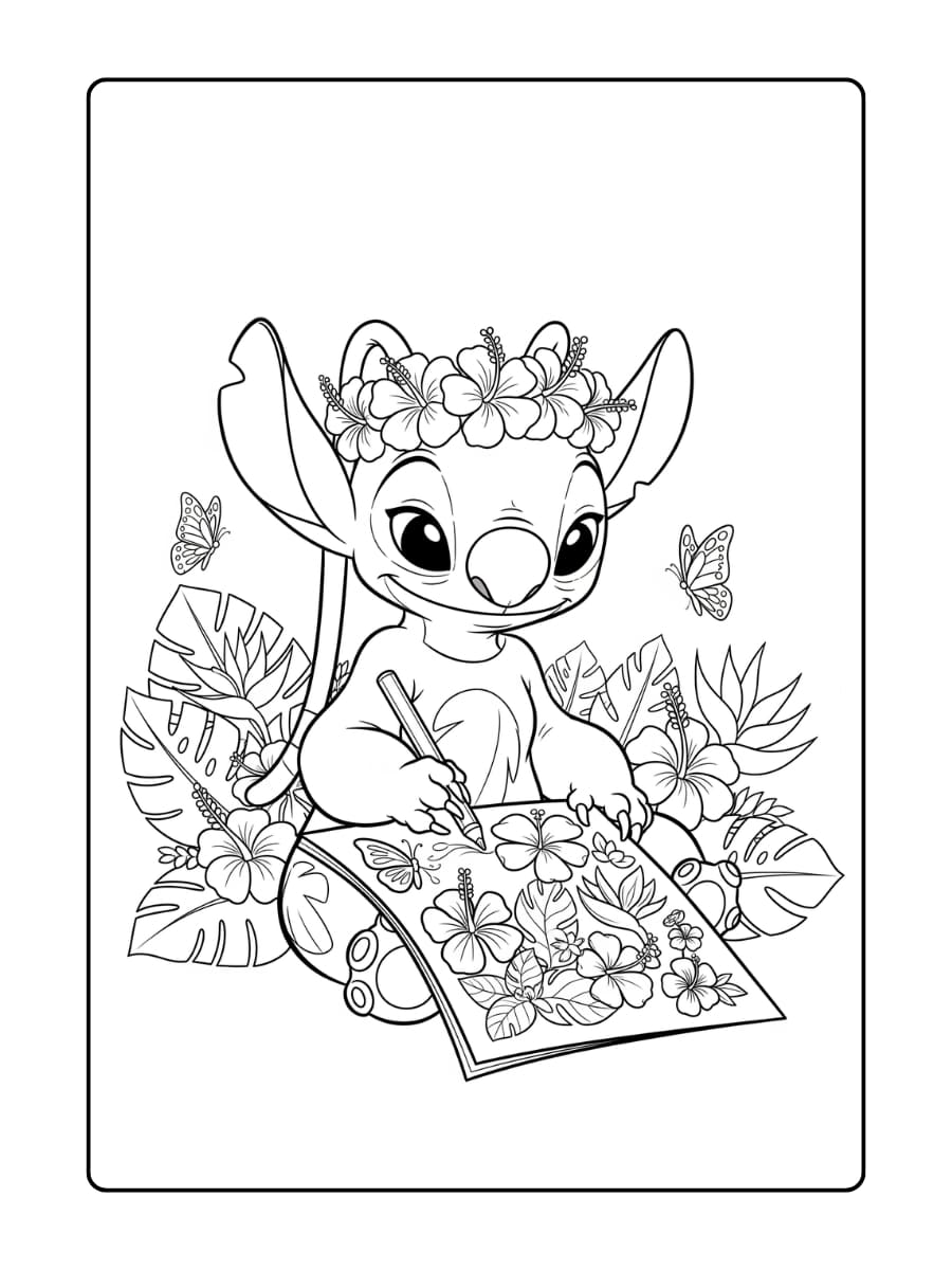 Kleurplaat van Angel die rustig zit met een bloemenkrans op haar hoofd, omringd door tropische bloemen.