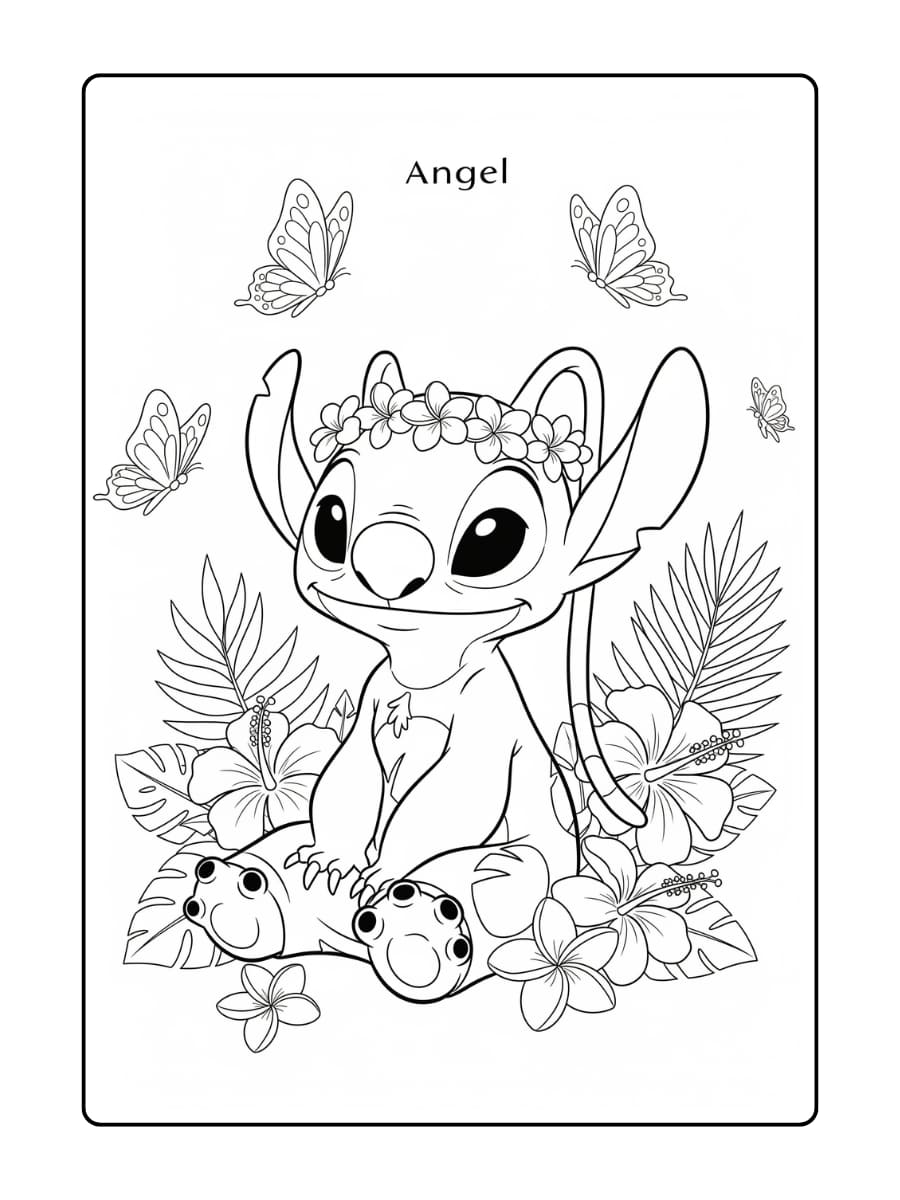 Kleurplaat van Angel die rustig zit met een bloemenkrans op haar hoofd, terwijl vlinders om haar heen fladderen.