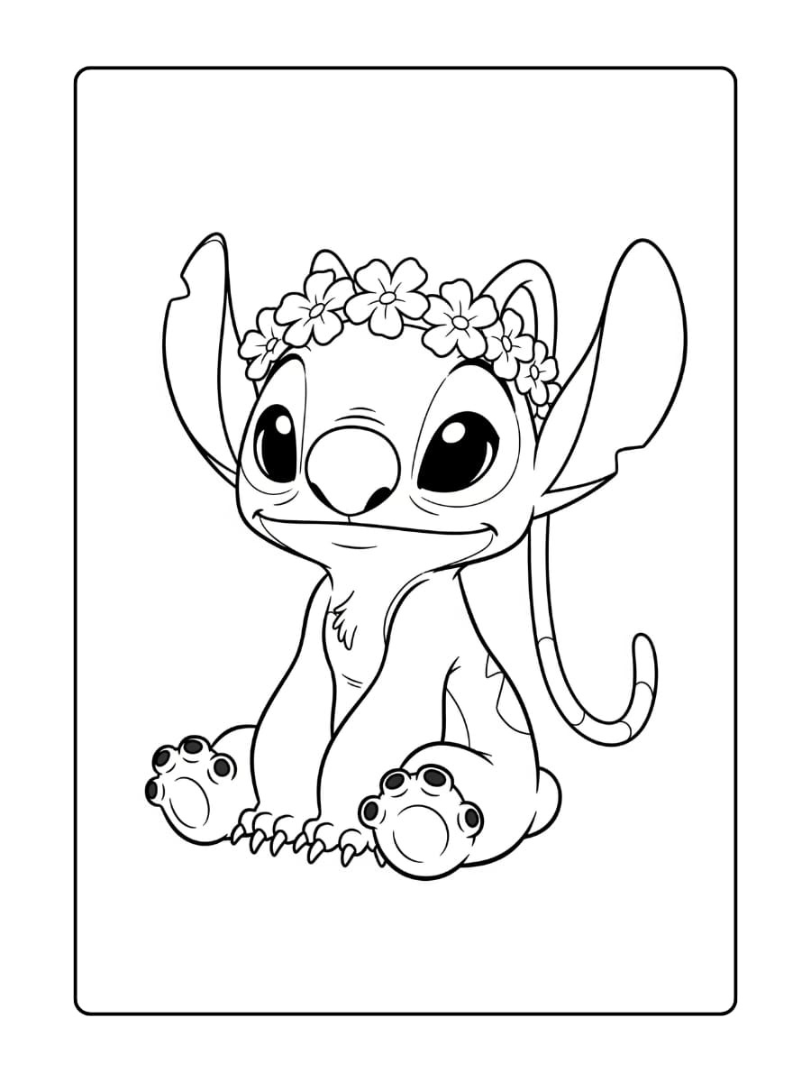Kleurplaat van Angel die rustig zit met een bloemenkroon op haar hoofd en een lieve glimlach.