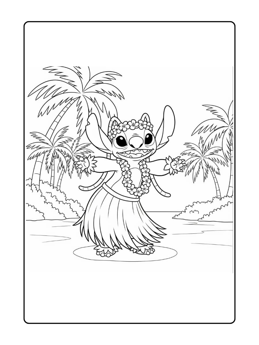 Kleurplaat van Angel die vrolijk hula danst met een grasrok en bloemenkrans, omringd door palmbomen.